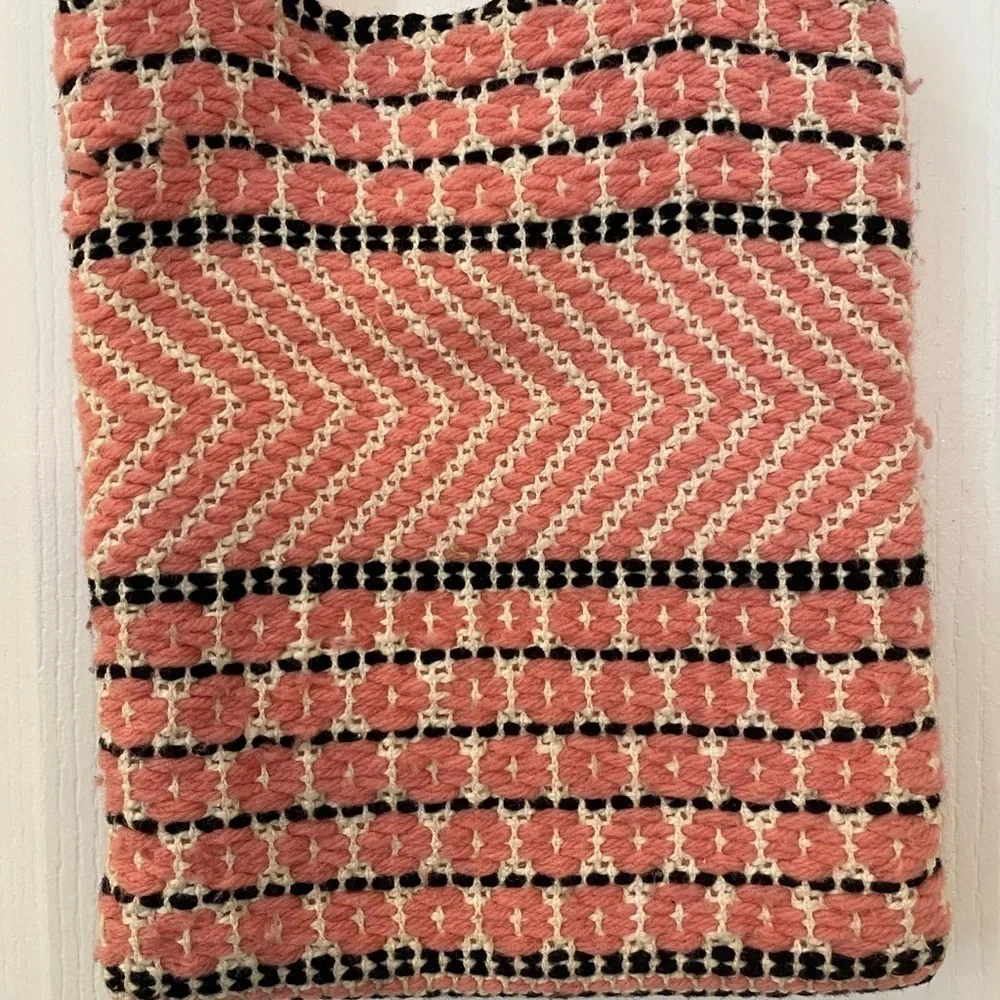 Vintage Handmade Crochet Embroidered Small Tote Handbag Pink Boho Market Bag